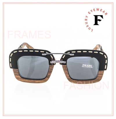 Pre-owned Prada 26r Raw Nut Canaletto Black Leather Wood Sunglasses Square Pr26rs Unisex In Gray