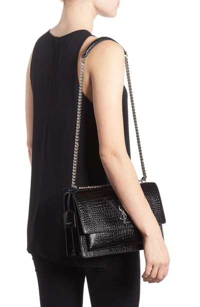 Saint Laurent Sunset Large in Crocodile-Embossed Shiny Leather - Black