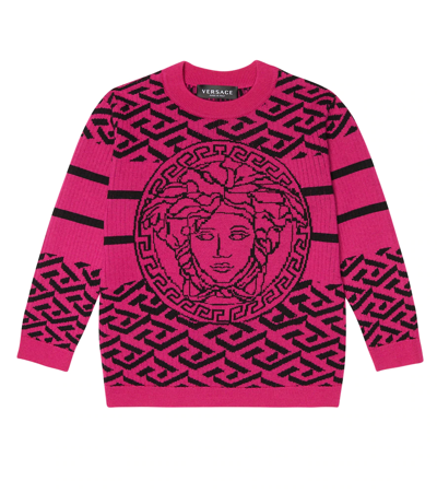 Shop Versace Medusa Greca Wool Sweater In Fuchsia+nero