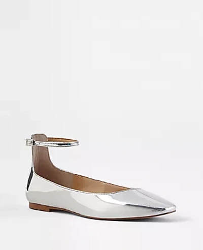 Shop Ann Taylor Metallic Ankle Strap Flats In Silver