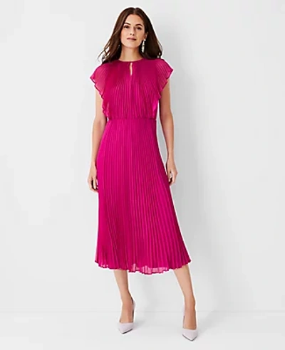 Shop Ann Taylor Flutter Sleeve Pleated Midi Dress In Fuchsia Sunset