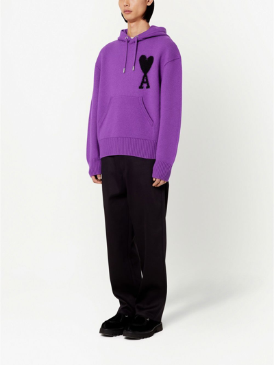 Ami Alexandre Mattiussi Ami De Coeur Logo Embroidered Knitted Hoodie In Purple