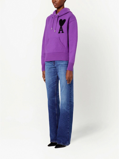 Ami Alexandre Mattiussi Ami De Coeur Logo Embroidered Knitted Hoodie In Purple