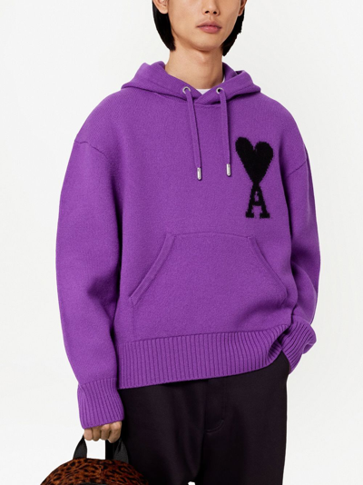 Ami Alexandre Mattiussi Ami De Coeur Logo Embroidered Knitted Hoodie In Purple