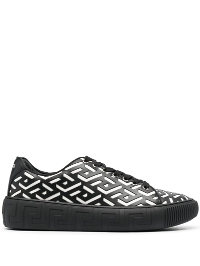 Shop Versace Greca Motif Leather Sneakers In Black