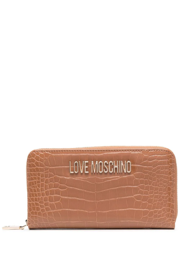 Shop Love Moschino Logo-plaque Crocodile-effect Wallet In Braun