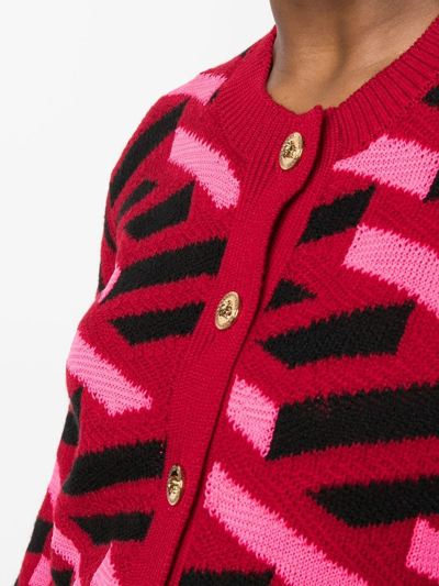 Shop Versace Patterned Intarsia-knit Cardigan In Rot