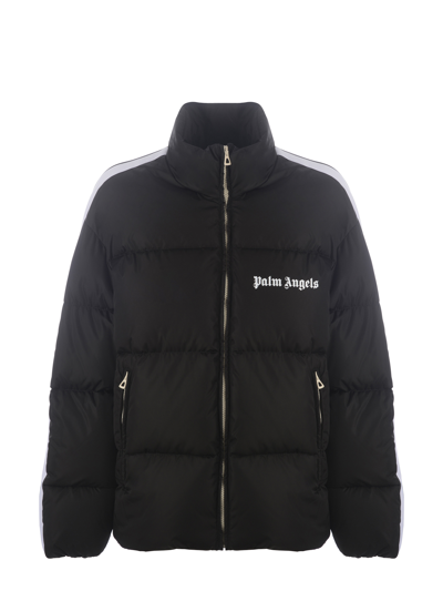 Palm Angels Striped Webbing-trimmed Padded Shell Down Jacket In Nero