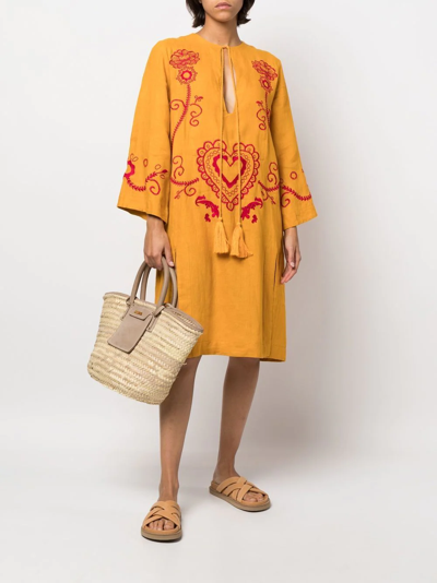 Paula Embroidered Wide-sleeve Kaftan Dress In Yellow