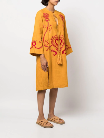 Paula Embroidered Wide-sleeve Kaftan Dress In Yellow