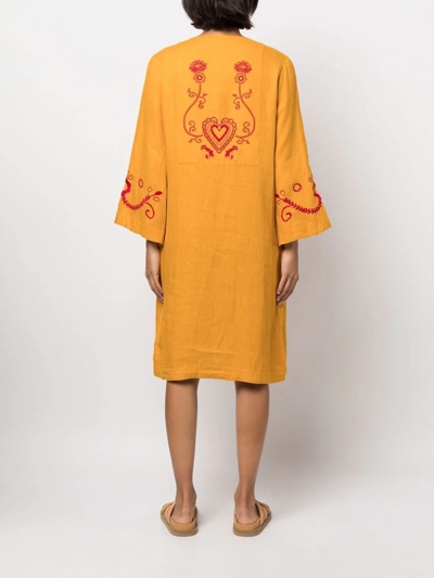 Paula Embroidered Wide-sleeve Kaftan Dress In Yellow