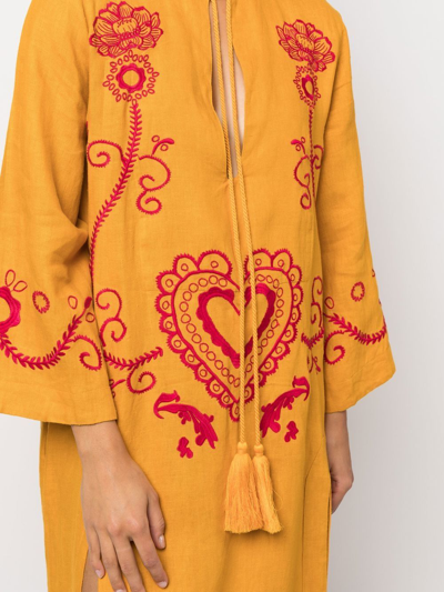 Paula Embroidered Wide-sleeve Kaftan Dress In Yellow