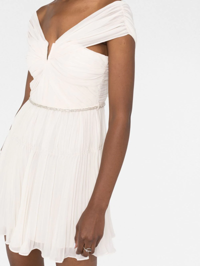 Shop Self-portrait Crystal-embellished Off-shoulder Mini Dress In Neutrals