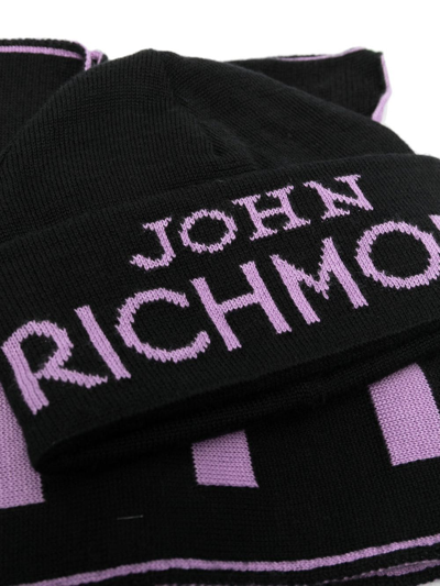 Shop John Richmond Junior Intarsia Knit-logo Beanie Set In Black