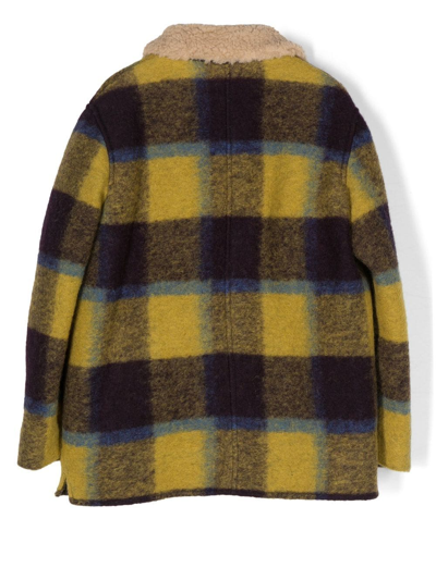 Shop Bonpoint Checked Shearling-collar Wool Jacket In Yellow