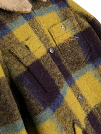Shop Bonpoint Checked Shearling-collar Wool Jacket In Yellow