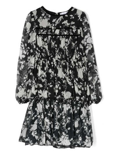Shop Monnalisa Floral-print Tiered Dress In Black