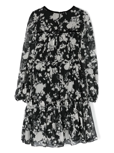 Shop Monnalisa Floral-print Tiered Dress In Black