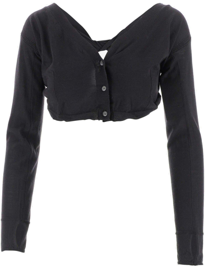 Shop Jacquemus V-neck Butttoned Cropped Cardigan In 990 Black