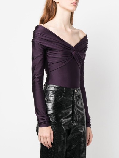 The Andamane Kendall Off The Shoulder Lycra Bodysuit In Violett