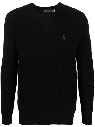 Shop Polo Ralph Lauren Logo-embroidered Cable-knit Jumper In Schwarz