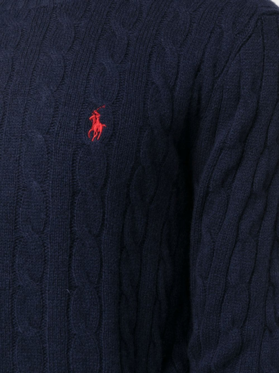 Polo Ralph Lauren Man Navy Blue Brided Cotton Sweater With Red Pony In Blau