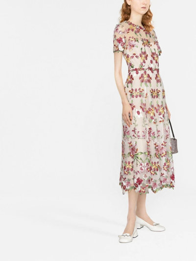 Shop Marchesa Notte Floral-embroidered Dress In Nude