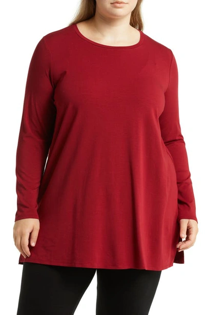 Shop Eileen Fisher Crewneck Long Sleeve Tunic Top In Deep Claret