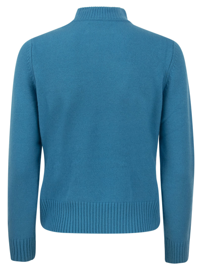 Shop Mc2 Saint Barth Wool And Cashmere Blend Jumper With Vintage Postcard Print In Light Blue