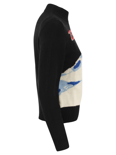 Shop Mc2 Saint Barth Wool And Cashmere Blend Jumper With Vintage Postcard Print In Black