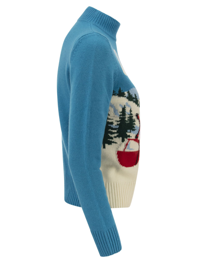 Shop Mc2 Saint Barth Wool And Cashmere Blend Jumper With Vintage Postcard Print In Light Blue