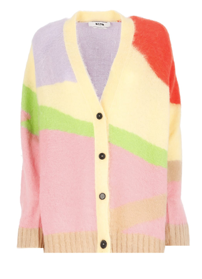 Shop Msgm Mohair Knitted Cardigan In Lilac/multicolor