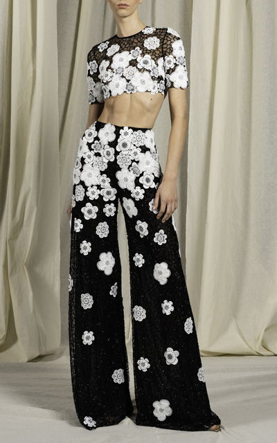 Naeem Khan Floral-applliquéd Embroidered Tulle Pants In Black,white |  ModeSens
