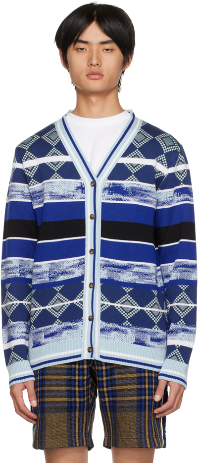 Ahluwalia Mata V-neck Abstract-jacquard Merino Cardigan In Blue Multic