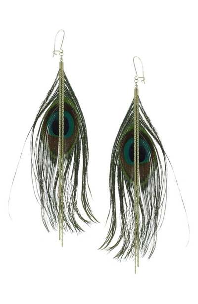 Shop Olivia Welles Peacock Feather Dangle Earrings In Gold / Multi