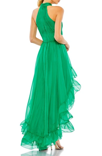 Ieena For Mac Duggal Ruffle Tiered High Low Pleated Halter Neck Gown In