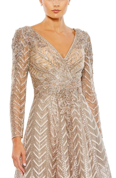 Shop Mac Duggal Bead & Sequin Long Sleeve Tulle Fit & Flare Dress In Taupe