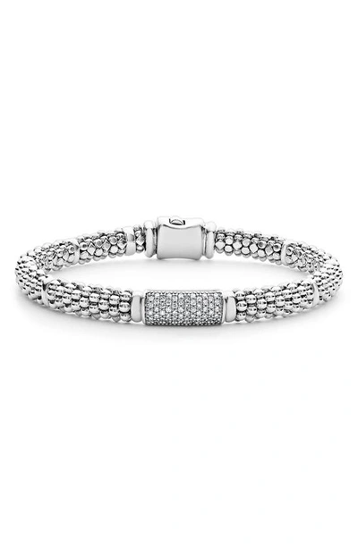 Lagos Sterling Silver Signature Caviar Pave Diamond Station Bracelet In Silver Diamond