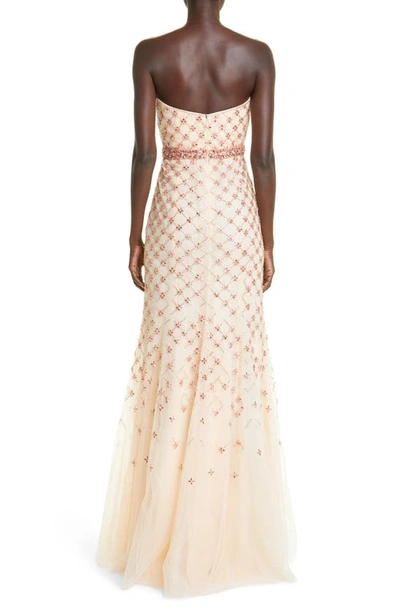 Carolina Herrera Crystal Lattice Strapless Tulle Gown In Champagne Multi