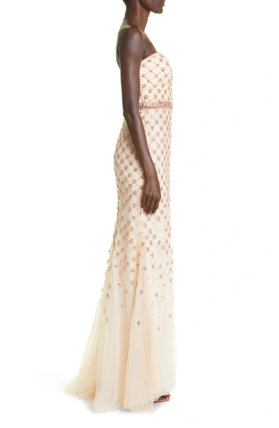 Carolina Herrera Crystal Lattice Strapless Tulle Gown In Champagne Multi
