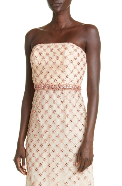 Carolina Herrera Crystal Lattice Strapless Tulle Gown In Champagne Multi