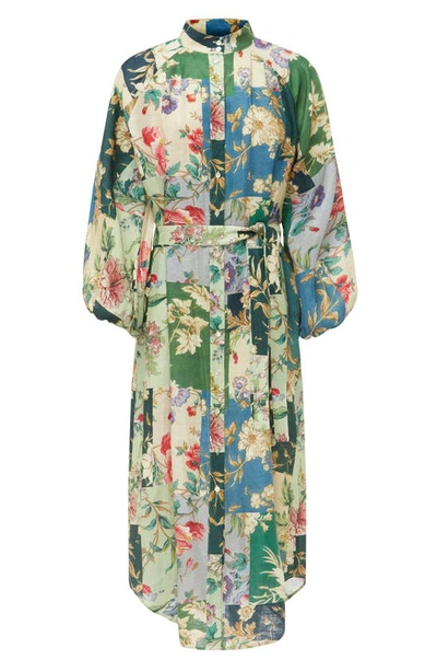 Shop Alemais Loretta Floral Patchwork Long Sleeve Linen Shirtdress In Sage Floral