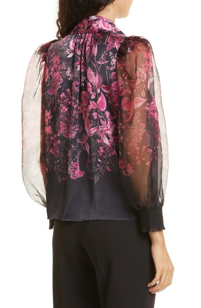 Shop Alice And Olivia Bettina Floral Print Blouson Sleeve Silk Blend Shirt In Edens Garden Wild Pink