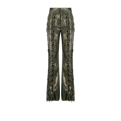 Shop Kim Shui Green Lace-up Embossed Trousers - Women's - Spandex/elastane/viscose In Brown