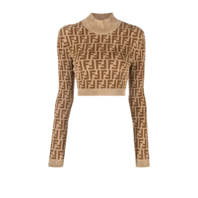 Shop Fendi Brown Ff Logo Knitted Crop Top - Women's - Viscose/polyamide In Neutrals