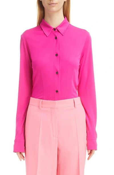 Shop Dries Van Noten Huto Fitted Knit Button-up Blouse In Fuchsia 304