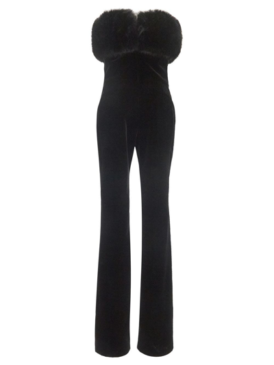 Faux Fur-trimmed Velvet Bandeau Jumpsuit In Black
