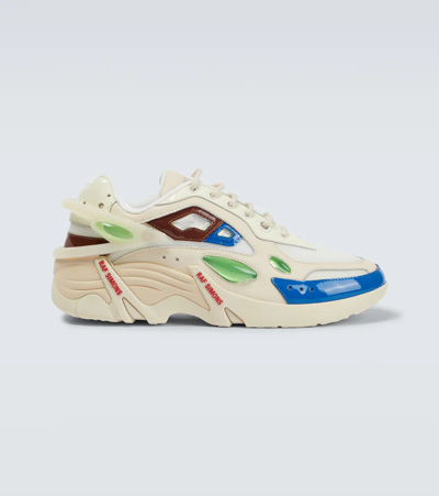 Shop Raf Simons Cylon-21 Leather-trimmed Sneakers In Cream Brown Blue