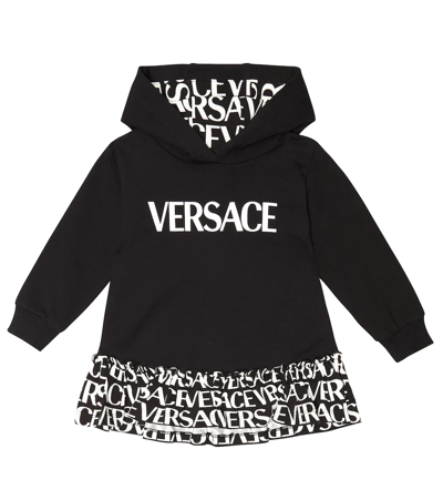 Shop Versace Baby Logo Hooded Cotton-blend Dress In Nero+bianco