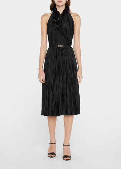 Shop Ralph Lauren Tadeas Halter Pleated Midi Cocktail Dress In Black